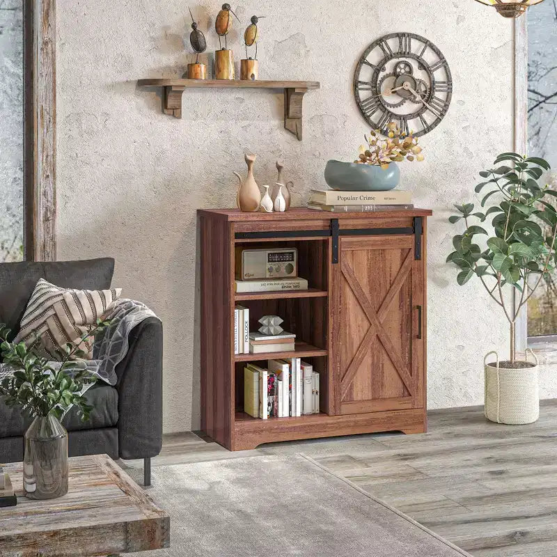 HOMCOM Mobiletto da Bar a Muro Stile Rustico, Credenza da 84 cm con Anta Scorrevole a Fienile e Ripiano Regolabile, Mobile Buffet da Cucina