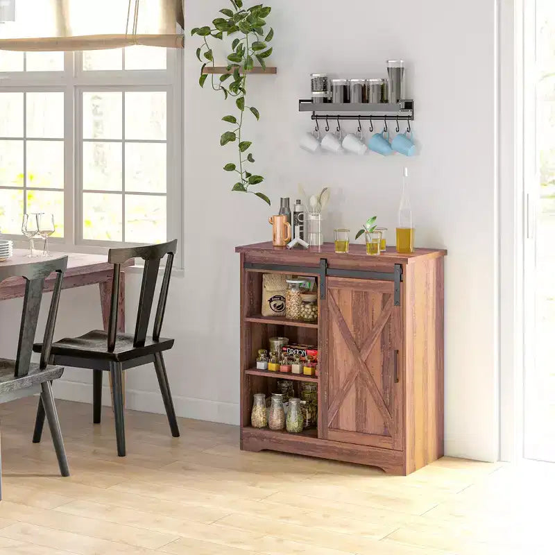 HOMCOM Mobiletto da Bar a Muro Stile Rustico, Credenza da 84 cm con Anta Scorrevole a Fienile e Ripiano Regolabile, Mobile Buffet da Cucina