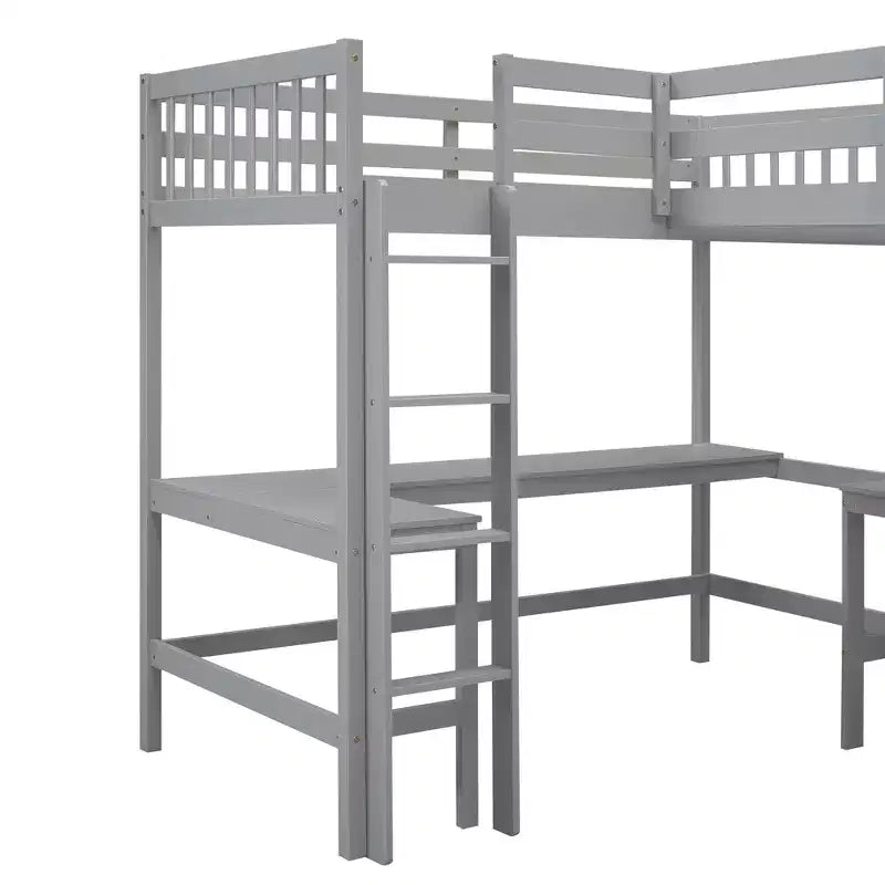 Letto a soppalco a L matrimoniale in legno da 119''L 79.5''W con scaletta e 2 scrivanie a L integrate