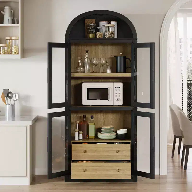Libreria alta ad arco GustoWave 71.4 con 4 ante e 2 cassetti, armadietto espositivo profondo 15.8 con ripiani, scaffale in legno