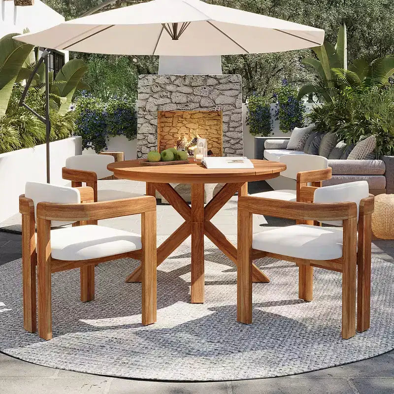 ModernLuxe Set da pranzo rotondo da esterno a 5 pezzi in legno di acacia, tavolo da 47" con 4 sedie a barilotto imbottite per giardino/patio/cortile