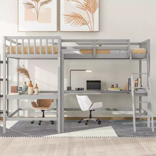 Letto a soppalco a L matrimoniale in legno da 119''L 79.5''W con scaletta e 2 scrivanie a L integrate