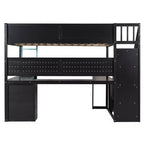 Lit mezzanine GDFStudio Scott en bois avec escalier de rangement, bureau, étagères et panneau perforé