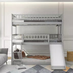 Lit superposé triple pour deux personnes avec échelle convertible et toboggan, lit triple avec barrières de sécurité, blanc/gris/espresso - ModernLuxe