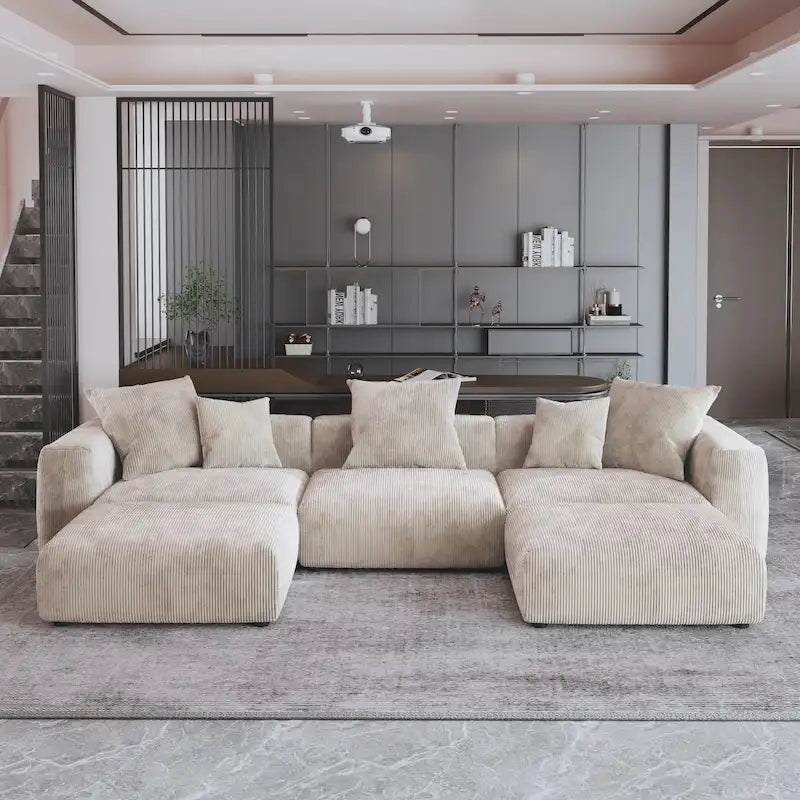 Canapé d'angle modulable 141,73 po, en velours côtelé en forme de U avec ottomans