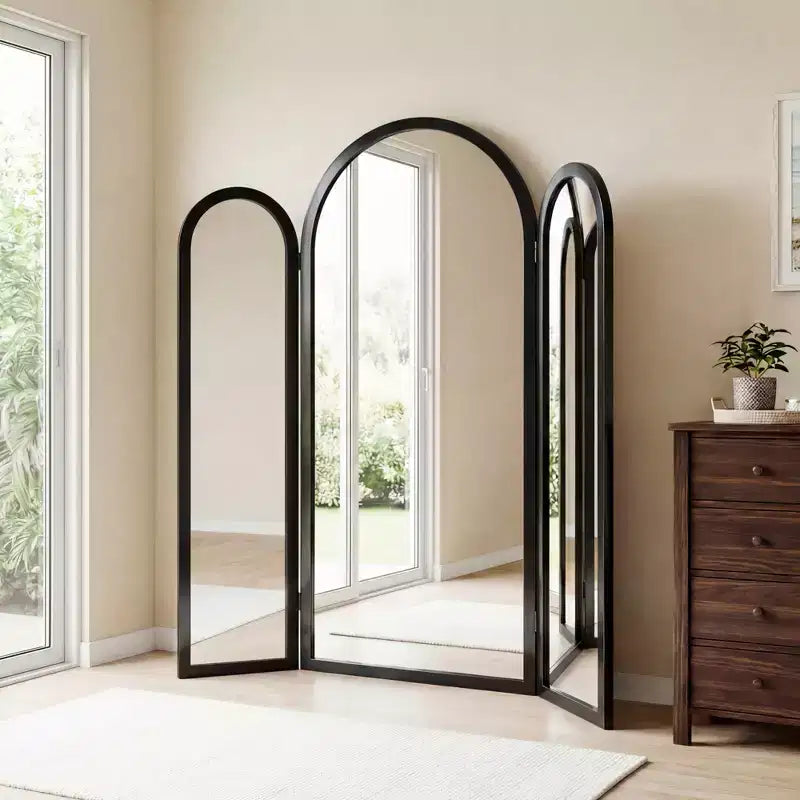 Dovelina 71H*66.5W Miroir pleine longueur triptyque sur pied en arche pour salon, salle à manger, entrée, chambre à coucher, cadre en métal/bois disponible