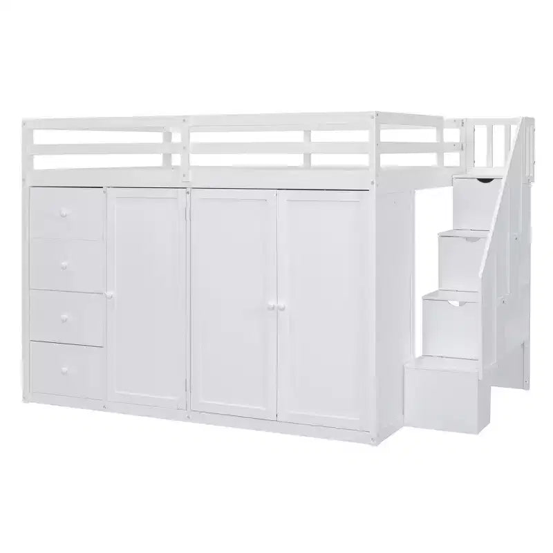 Lit mezzanine pleine taille Teddy Fleece avec étagère de rangement et tiroirs, lit mezzanine haut en bois avec bureau polyvalent pour chambre à coucher
