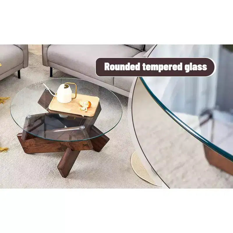 Tavolino da Caffè Rotondo Moderno in Vetro Okak, Tavolino da Tè Piccolo dal Design Distintivo con Gambe in Legno per Soggiorno, Reception, Ufficio, Casali
