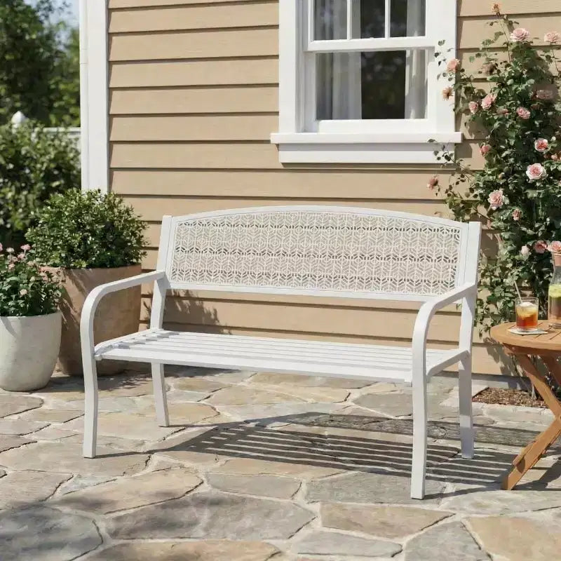 Panca in metallo per esterni a 2 posti per giardino, mobile con panchine in acciaio con schienale geometrico per patio, giardino e portico