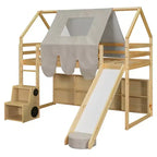 Lit mezzanine bas pour enfants avec toboggan et étagères de rangement, cadre de lit mezzanine en bois avec tente et escaliers