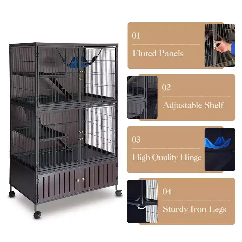 Gabbia per animali di piccola taglia, Gabbia per furetti - Habitat a 5 livelli da 150 cm con mobiletto, include amaca/ruote/rampe rimovibili/vassoi facili da pulire