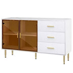 Buffet moderne, meuble de rangement avec portes en verre trempé ambré-jaune et pieds et poignées en métal doré - ModernLuxe