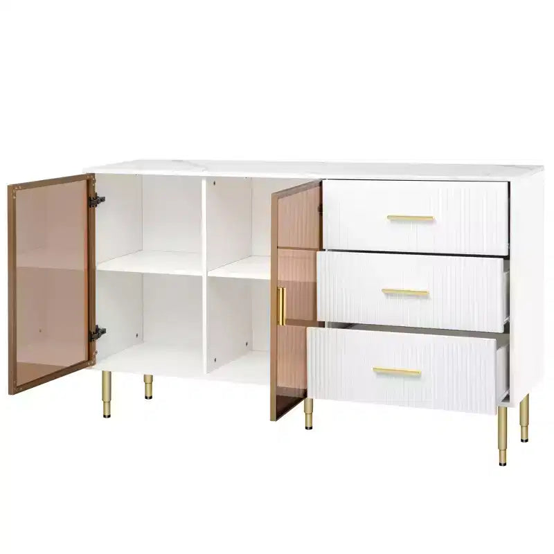 Buffet moderne, meuble de rangement avec portes en verre trempé ambré-jaune et pieds et poignées en métal doré - ModernLuxe