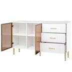 Buffet moderne, meuble de rangement avec portes en verre trempé ambré-jaune et pieds et poignées en métal doré - ModernLuxe