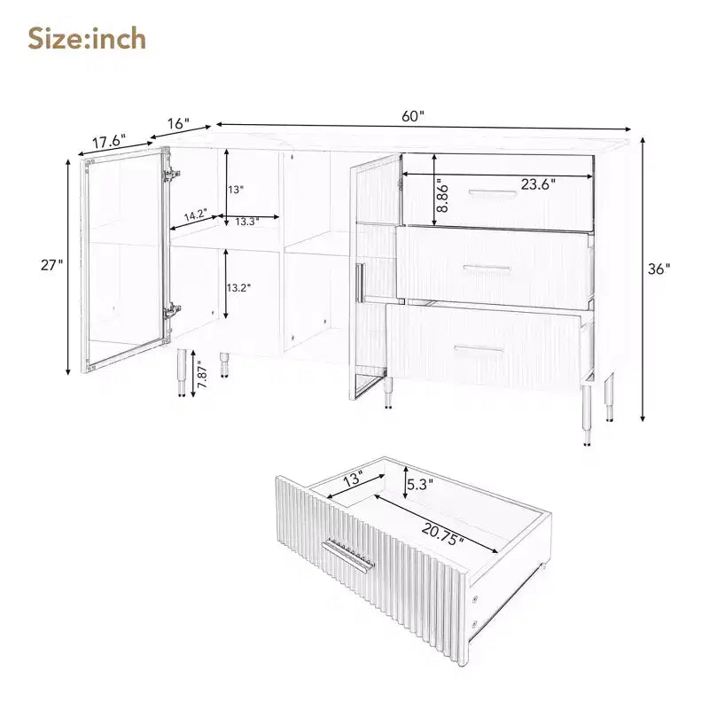 Buffet moderne, meuble de rangement avec portes en verre trempé ambré-jaune et pieds et poignées en métal doré - ModernLuxe