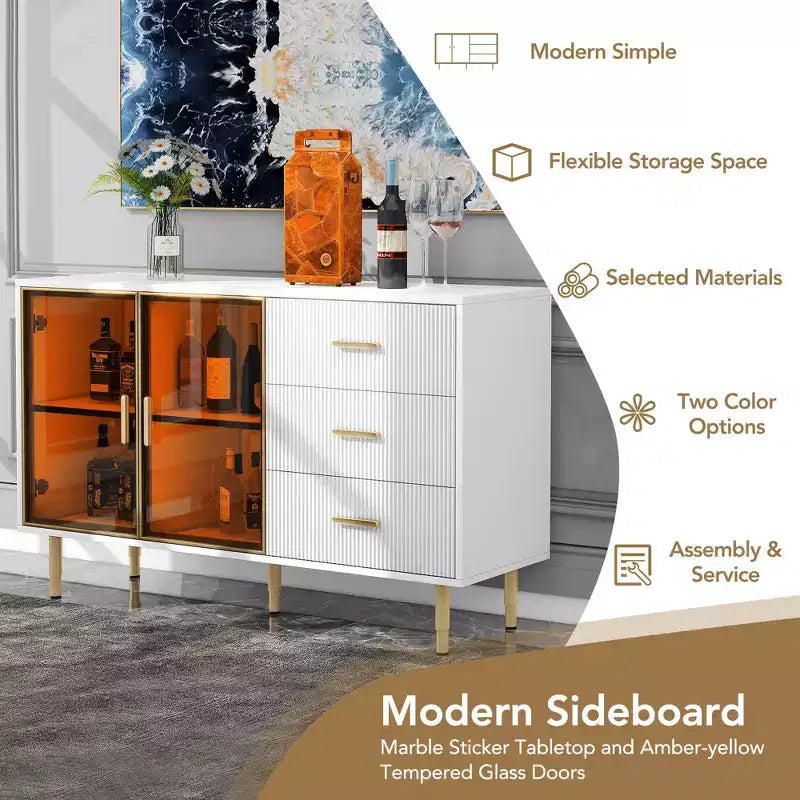 Buffet moderne, meuble de rangement avec portes en verre trempé ambré-jaune et pieds et poignées en métal doré - ModernLuxe
