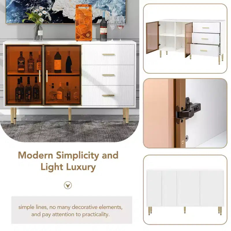 Buffet moderne, meuble de rangement avec portes en verre trempé ambré-jaune et pieds et poignées en métal doré - ModernLuxe