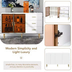 Buffet moderne, meuble de rangement avec portes en verre trempé ambré-jaune et pieds et poignées en métal doré - ModernLuxe