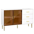 Buffet moderne, meuble de rangement avec portes en verre trempé ambré-jaune et pieds et poignées en métal doré - ModernLuxe