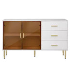 Buffet moderne, meuble de rangement avec portes en verre trempé ambré-jaune et pieds et poignées en métal doré - ModernLuxe