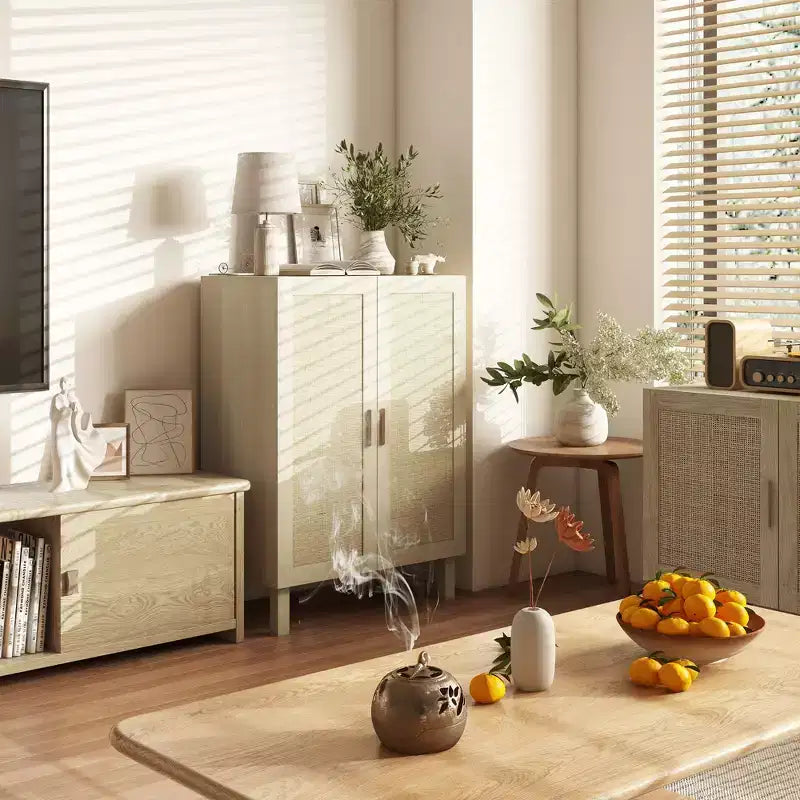 HOMCOM Mobile Buffet, Credenza Contenitore, Armadietto a Pavimento con Ante in Rattan e Ripiani Regolabili per Soggiorno, Naturale
