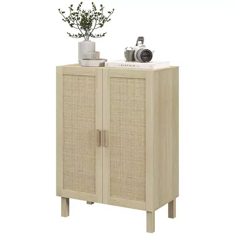 HOMCOM Mobile Buffet, Credenza Contenitore, Armadietto a Pavimento con Ante in Rattan e Ripiani Regolabili per Soggiorno, Naturale