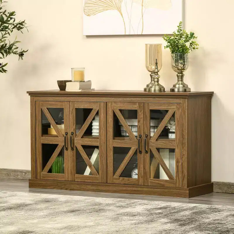 HOMCOM Madia da Cucina Rustica, Credenza con Anta in Vetro, Mobile TV con Scaffale Regolabile per Sala da Pranzo