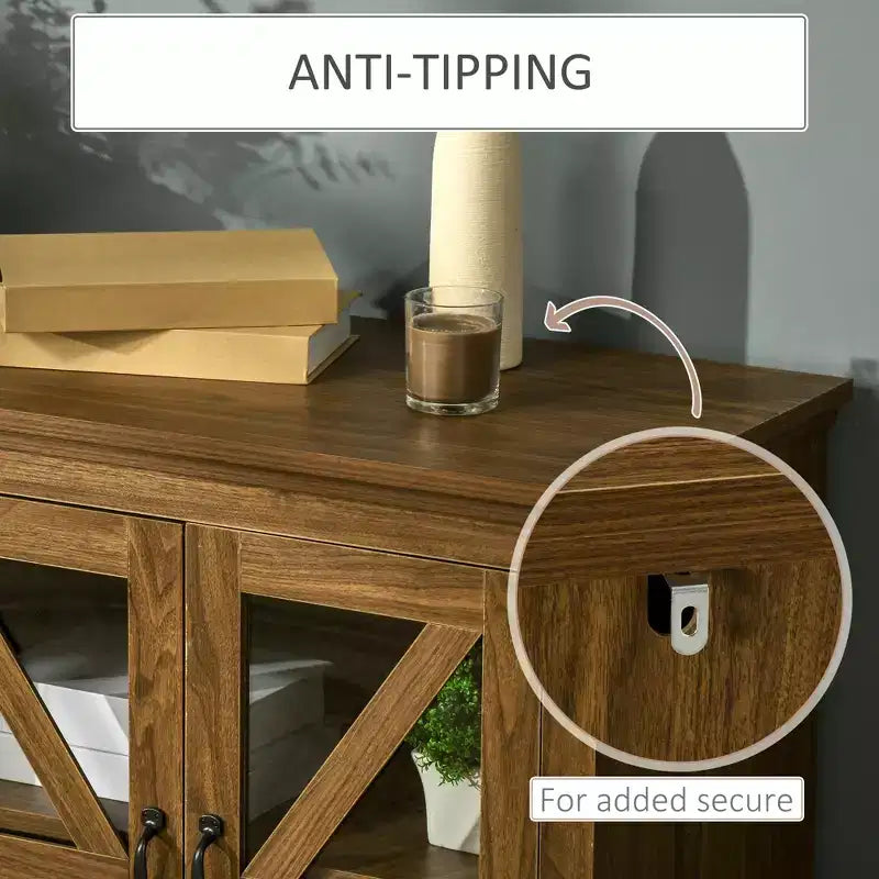 HOMCOM Madia da Cucina Rustica, Credenza con Anta in Vetro, Mobile TV con Scaffale Regolabile per Sala da Pranzo