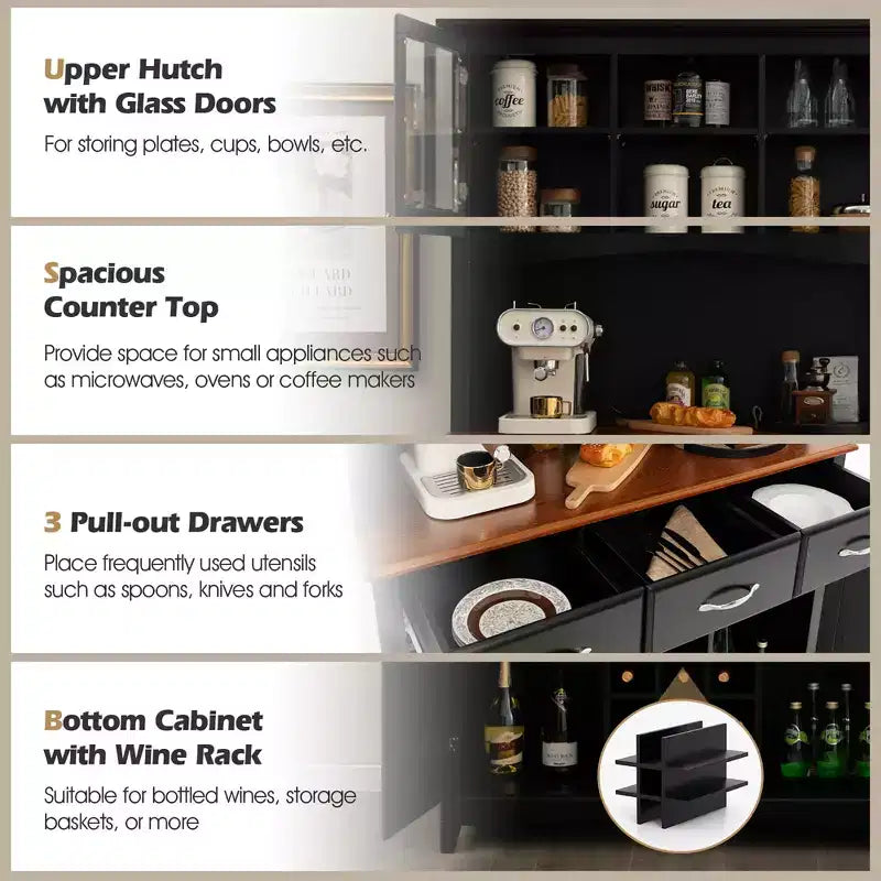Costway Credenza e Vetrina per Cucina con Scaffale per Vino e Cassetti, Nero