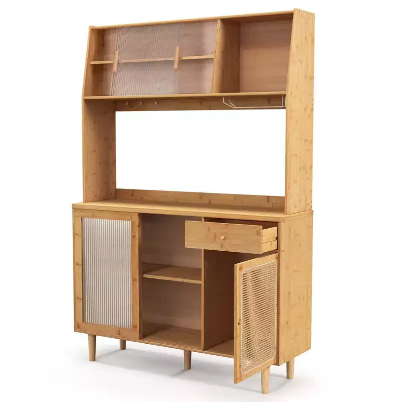Meuble Buffet Costway en Bambou avec Bar à Vin, Armoire de Rangement et Porte Coulissante en Rotin