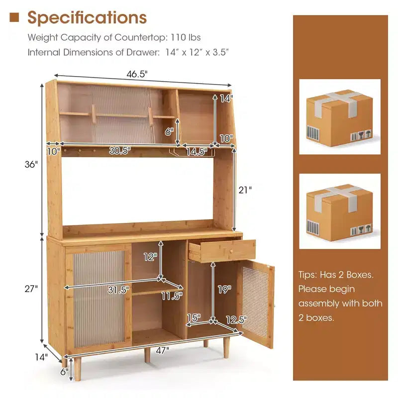 Meuble Buffet Costway en Bambou avec Bar à Vin, Armoire de Rangement et Porte Coulissante en Rotin
