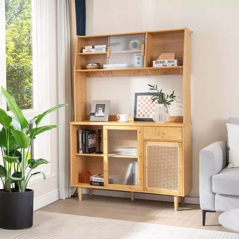 Meuble Buffet Costway en Bambou avec Bar à Vin, Armoire de Rangement et Porte Coulissante en Rotin