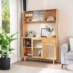 Meuble Buffet Costway en Bambou avec Bar à Vin, Armoire de Rangement et Porte Coulissante en Rotin
