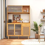 Meuble Buffet Costway en Bambou avec Bar à Vin, Armoire de Rangement et Porte Coulissante en Rotin