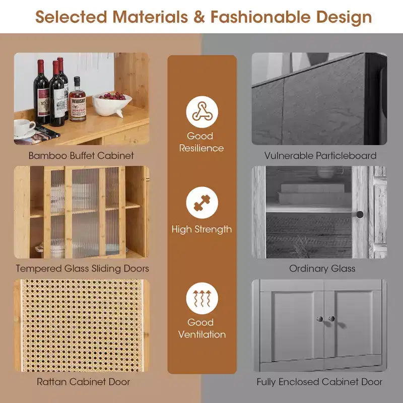 Meuble Buffet Costway en Bambou avec Bar à Vin, Armoire de Rangement et Porte Coulissante en Rotin