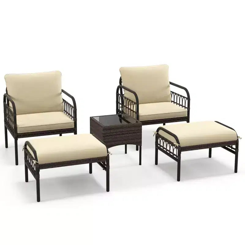 Costway Set da Conversazione da Esterno 5 Pezzi con Poltrone in Rattan, Pouf e Tavolino da Caffè