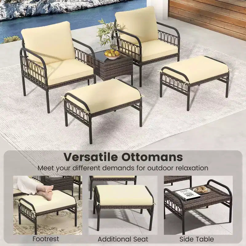 Costway Set da Conversazione da Esterno 5 Pezzi con Poltrone in Rattan, Pouf e Tavolino da Caffè