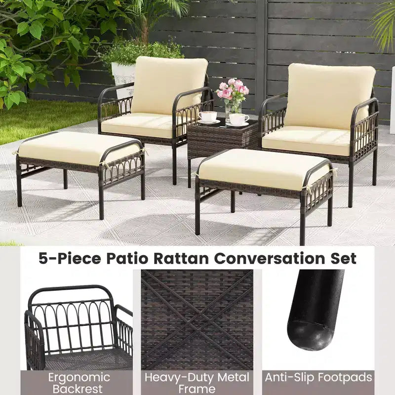 Costway Set da Conversazione da Esterno 5 Pezzi con Poltrone in Rattan, Pouf e Tavolino da Caffè