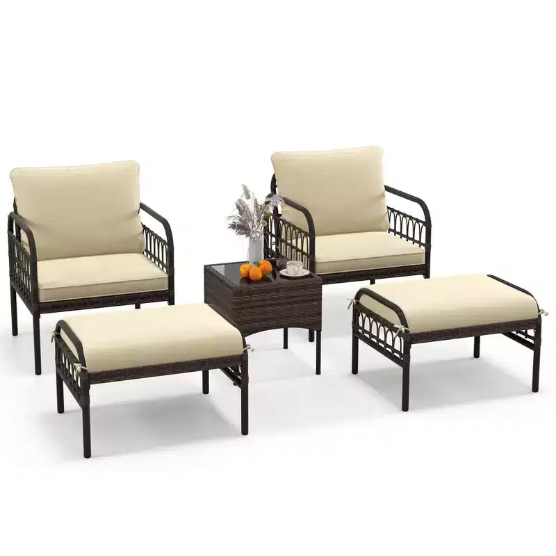 Costway Set da Conversazione da Esterno 5 Pezzi con Poltrone in Rattan, Pouf e Tavolino da Caffè