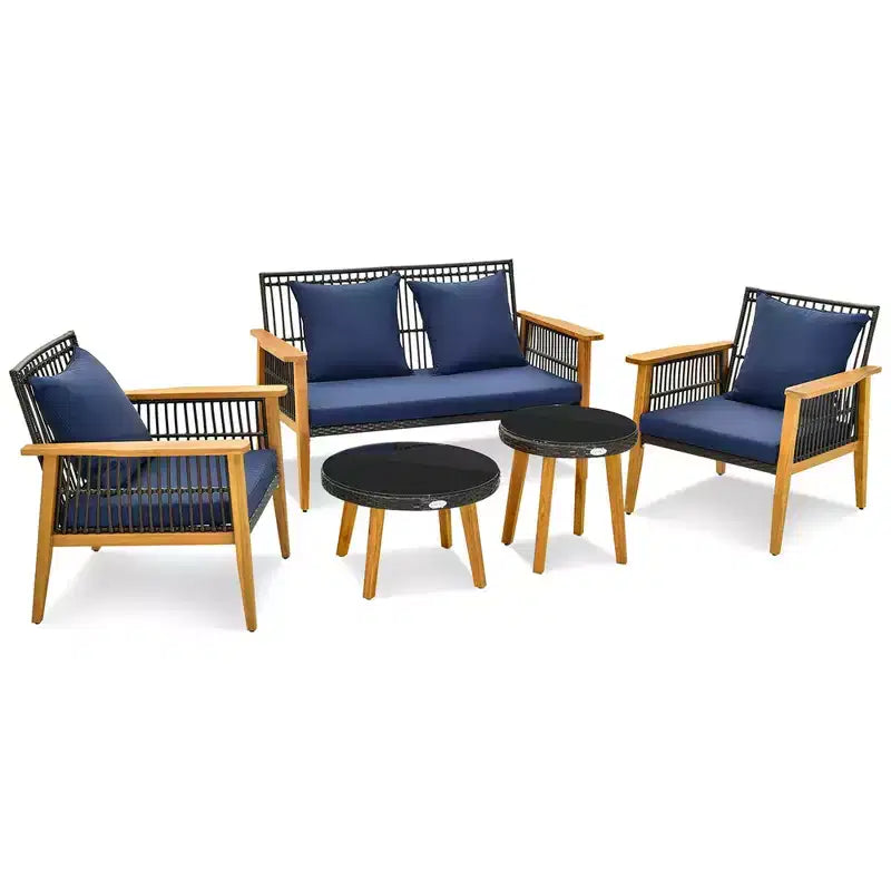 Costway Set Conversazione 5 Pezzi Rattan Intrecciato da Esterno Stabile Telaio in Legno di Acacia per Giardino Blu Scuro/Beige