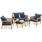 Costway Set Conversazione 5 Pezzi Rattan Intrecciato da Esterno Stabile Telaio in Legno di Acacia per Giardino Blu Scuro/Beige