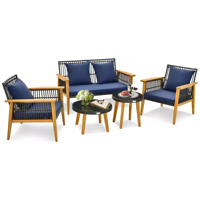 Costway Set Conversazione 5 Pezzi Rattan Intrecciato da Esterno Stabile Telaio in Legno di Acacia per Giardino Blu Scuro/Beige