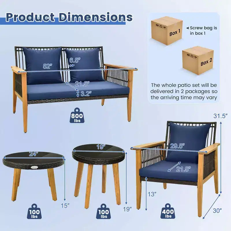 Costway Set Conversazione 5 Pezzi Rattan Intrecciato da Esterno Stabile Telaio in Legno di Acacia per Giardino Blu Scuro/Beige