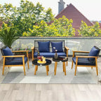 Costway Set Conversazione 5 Pezzi Rattan Intrecciato da Esterno Stabile Telaio in Legno di Acacia per Giardino Blu Scuro/Beige
