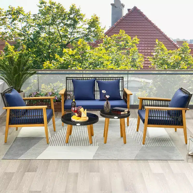 Costway Set Conversazione 5 Pezzi Rattan Intrecciato da Esterno Stabile Telaio in Legno di Acacia per Giardino Blu Scuro/Beige
