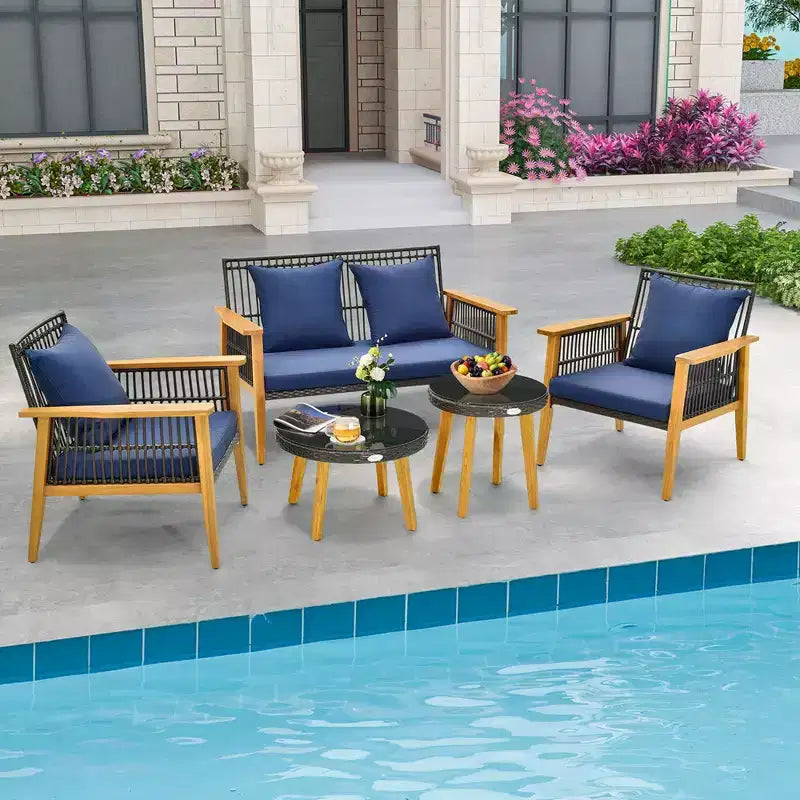 Costway Set Conversazione 5 Pezzi Rattan Intrecciato da Esterno Stabile Telaio in Legno di Acacia per Giardino Blu Scuro/Beige