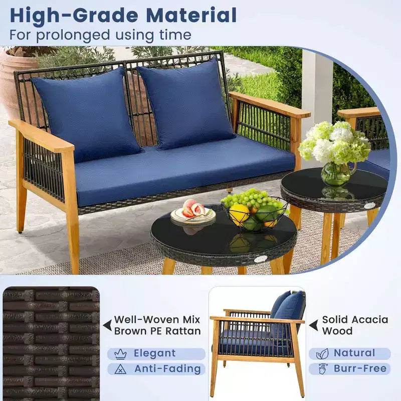 Costway Set Conversazione 5 Pezzi Rattan Intrecciato da Esterno Stabile Telaio in Legno di Acacia per Giardino Blu Scuro/Beige