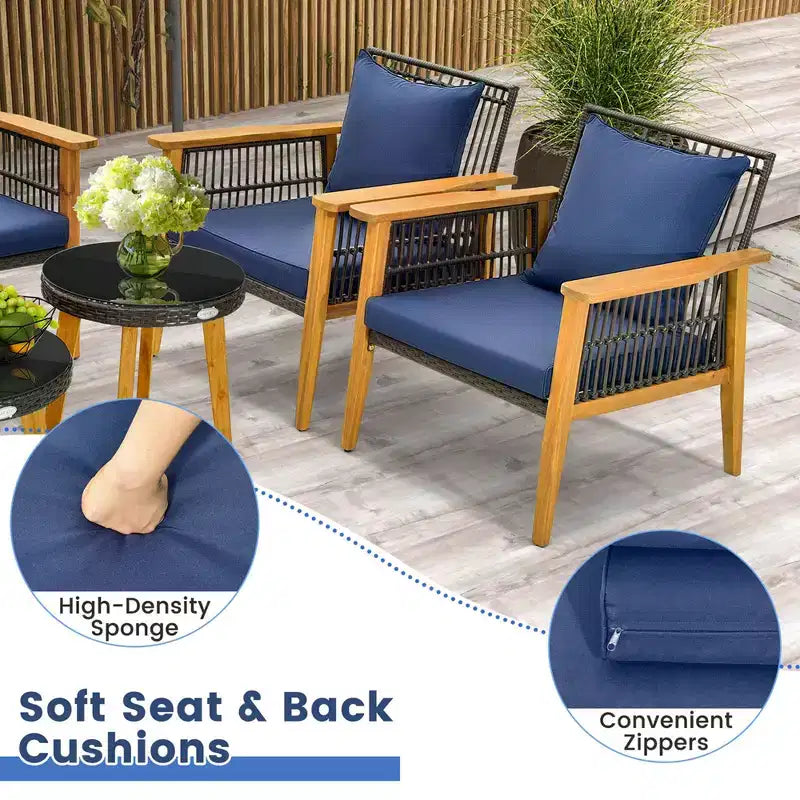Costway Set Conversazione 5 Pezzi Rattan Intrecciato da Esterno Stabile Telaio in Legno di Acacia per Giardino Blu Scuro/Beige