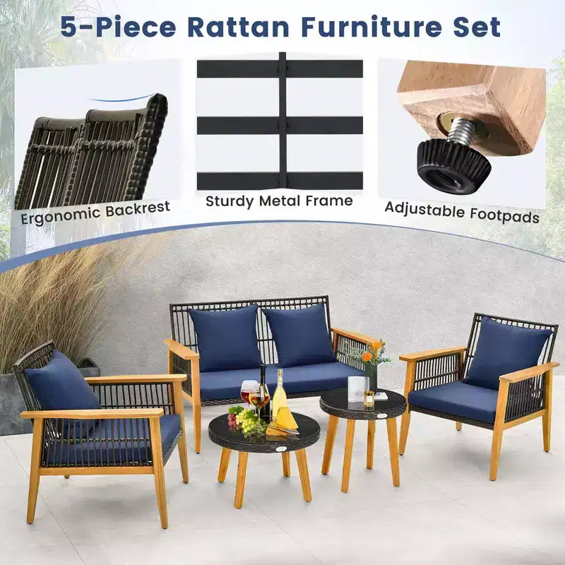 Costway Set Conversazione 5 Pezzi Rattan Intrecciato da Esterno Stabile Telaio in Legno di Acacia per Giardino Blu Scuro/Beige