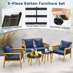 Costway Set Conversazione 5 Pezzi Rattan Intrecciato da Esterno Stabile Telaio in Legno di Acacia per Giardino Blu Scuro/Beige